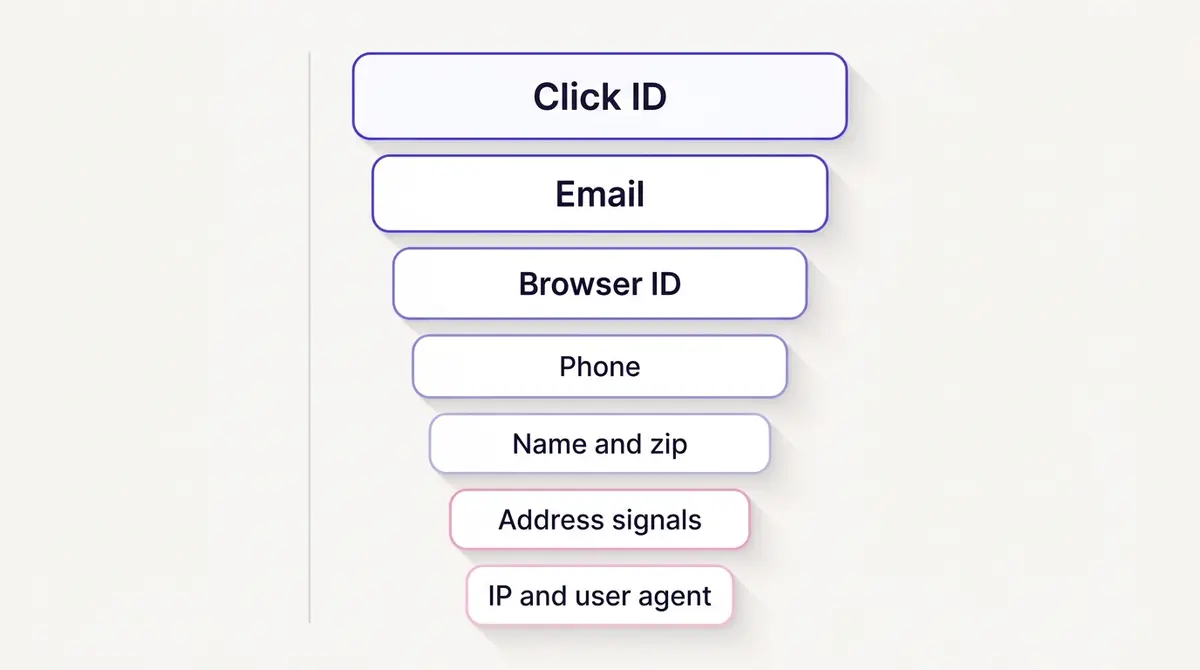 Diagram ranking Meta event match parameters from highest weight click ID and email down to supporting signals, shown as a vertical ranked list of rounded cards