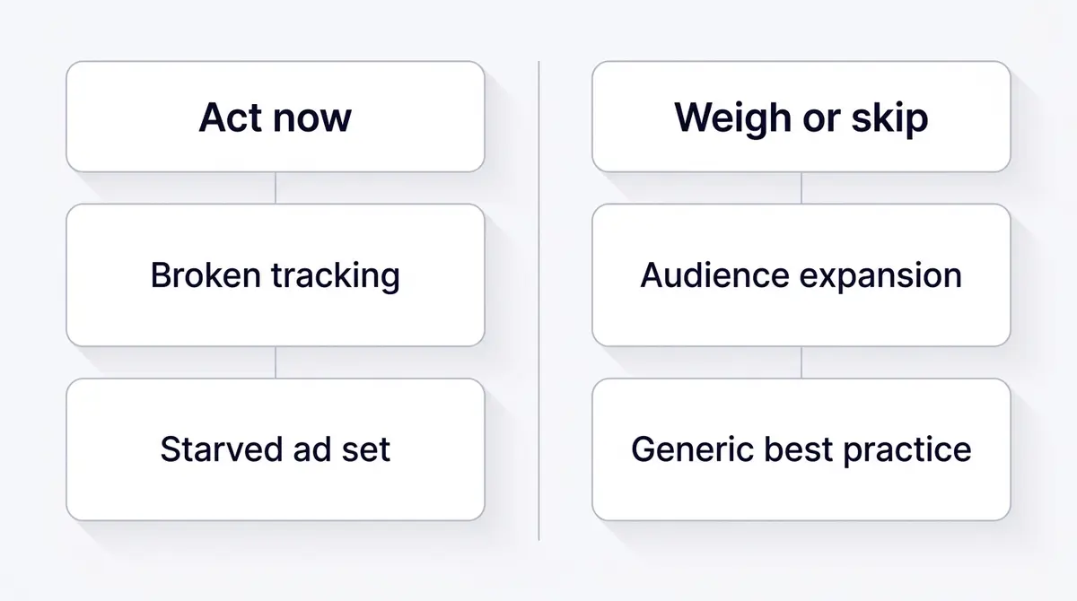 Two column diagram contrasting Meta Opportunity Score recommendations worth acting on immediately against generic suggestions worth weighing or skipping