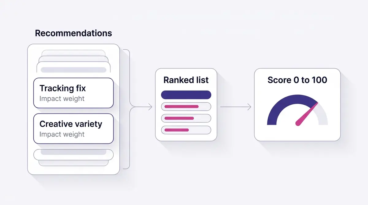 Diagram showing how the Meta Opportunity Score is assembled from a ranked list of weighted recommendations that roll up into a single zero to one hundred number