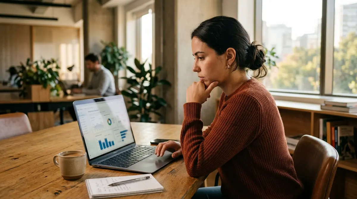 A marketer at a laptop reviewing an analytics dashboard in a calm modern office, focused on reconciling reported numbers