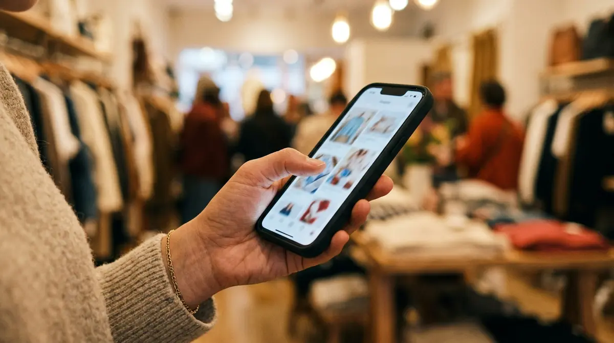 A close up of a phone held in one hand mid scroll while shopping, a single moment of intent that should be counted once not twice