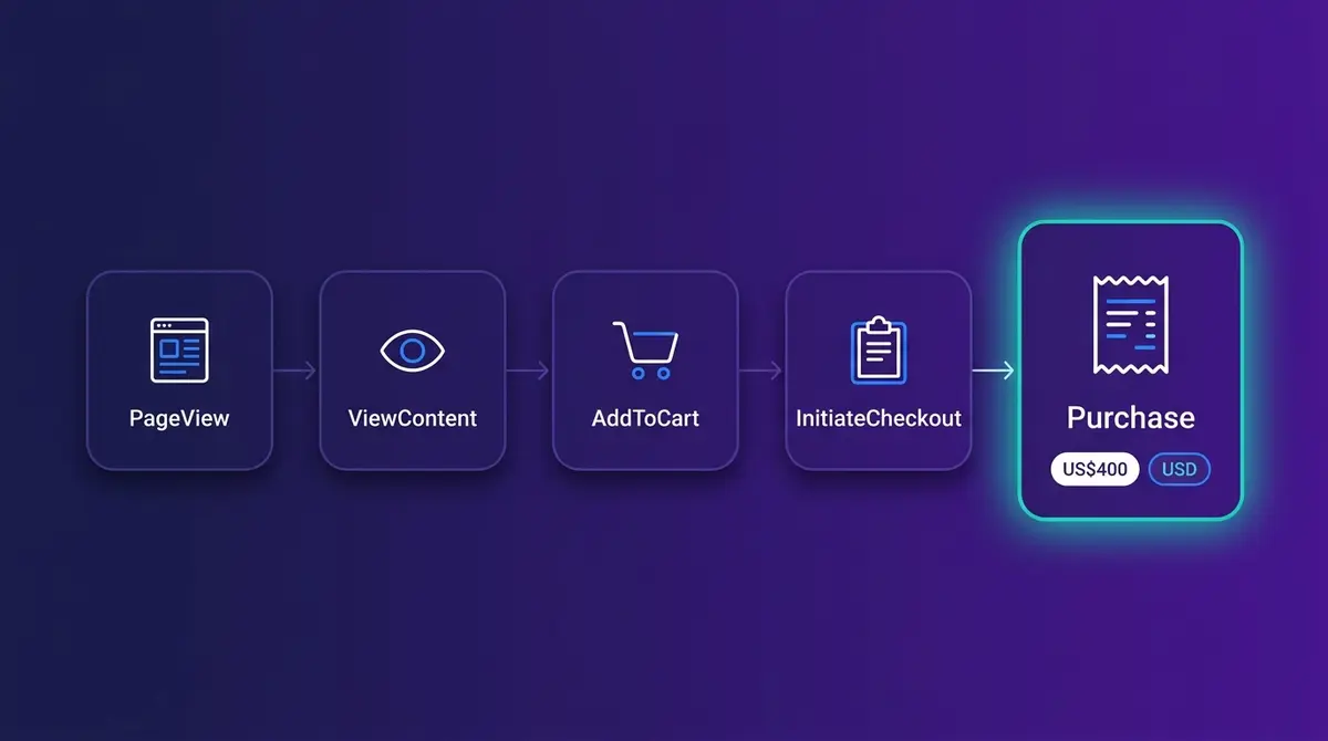 Editorial illustration of a five-step ecommerce event funnel as connected cards left to right, labeled PageView, ViewContent, AddToCart, InitiateCheckout, and Purchase, with the Purchase card highlighted to show it carries an order value and currency.