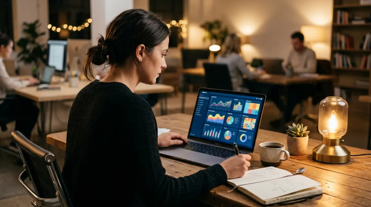 A marketer at a laptop reviewing an analytics dashboard in a softly lit workspace