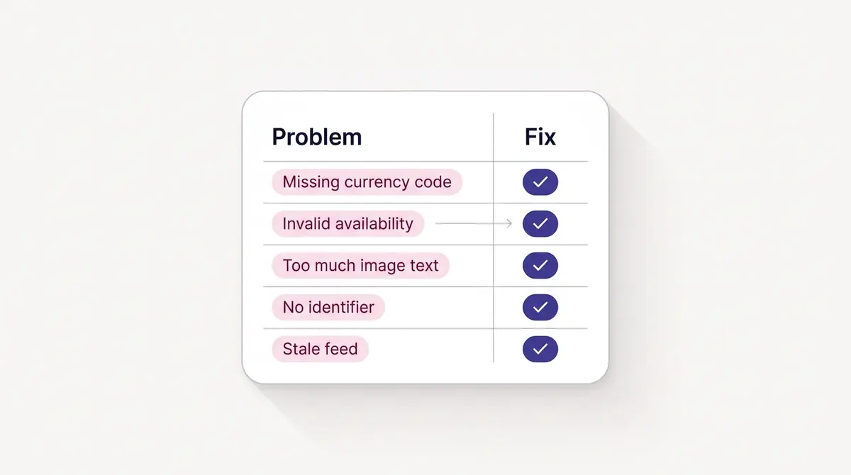 A two-column checklist diagram contrasting common catalog problems with their fixes, covering currency code, availability values, image text, identifiers, and stale feeds