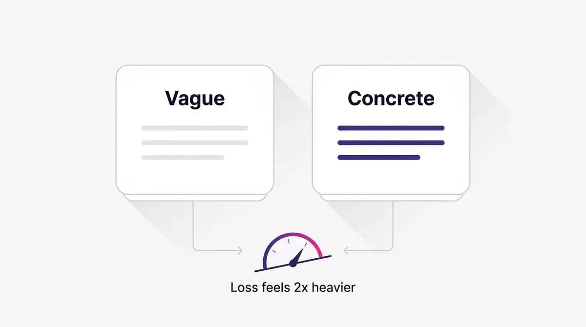 A simple two-column comparison showing weak vague agitation lines on the left and concrete true agitation lines on the right, with a small dial illustrating loss aversion weighting losses about twice as heavy as gains
