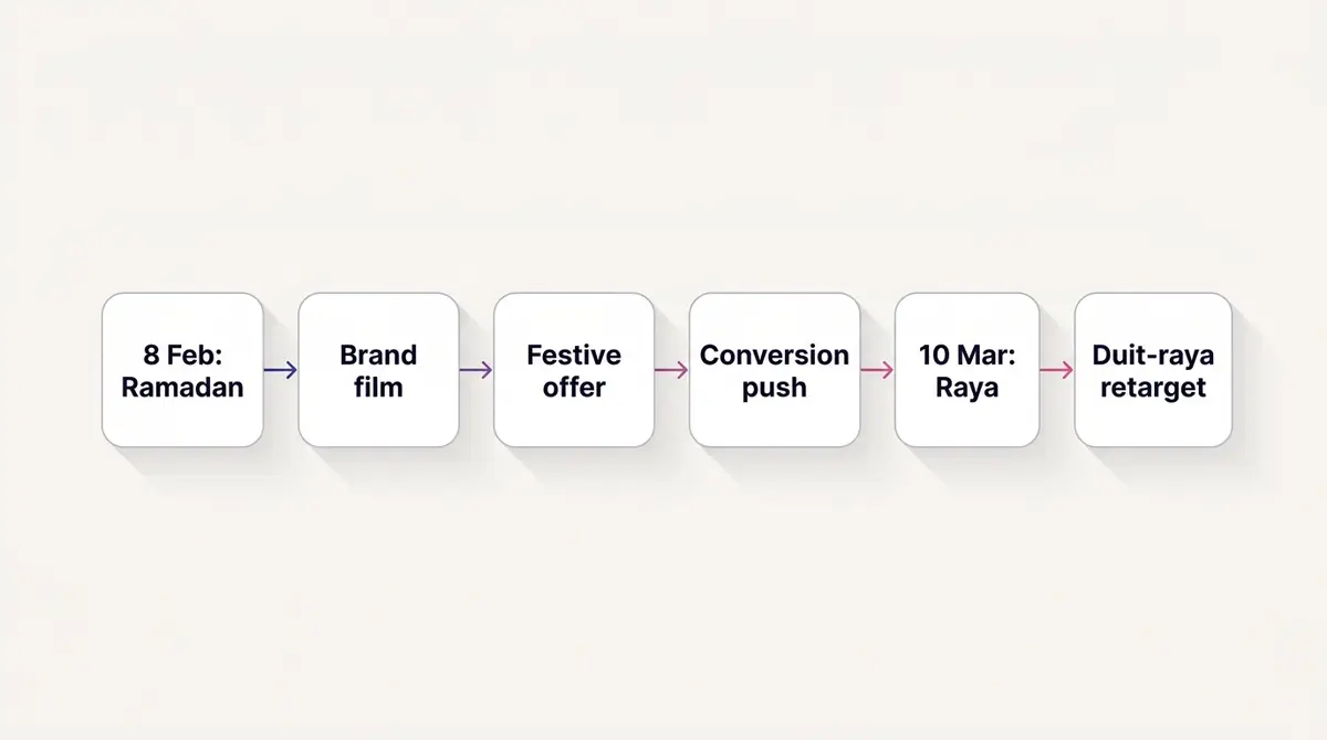 Week-by-week Ramadan into Hari Raya campaign timeline showing four creative stages from brand film to duit-raya retargeting