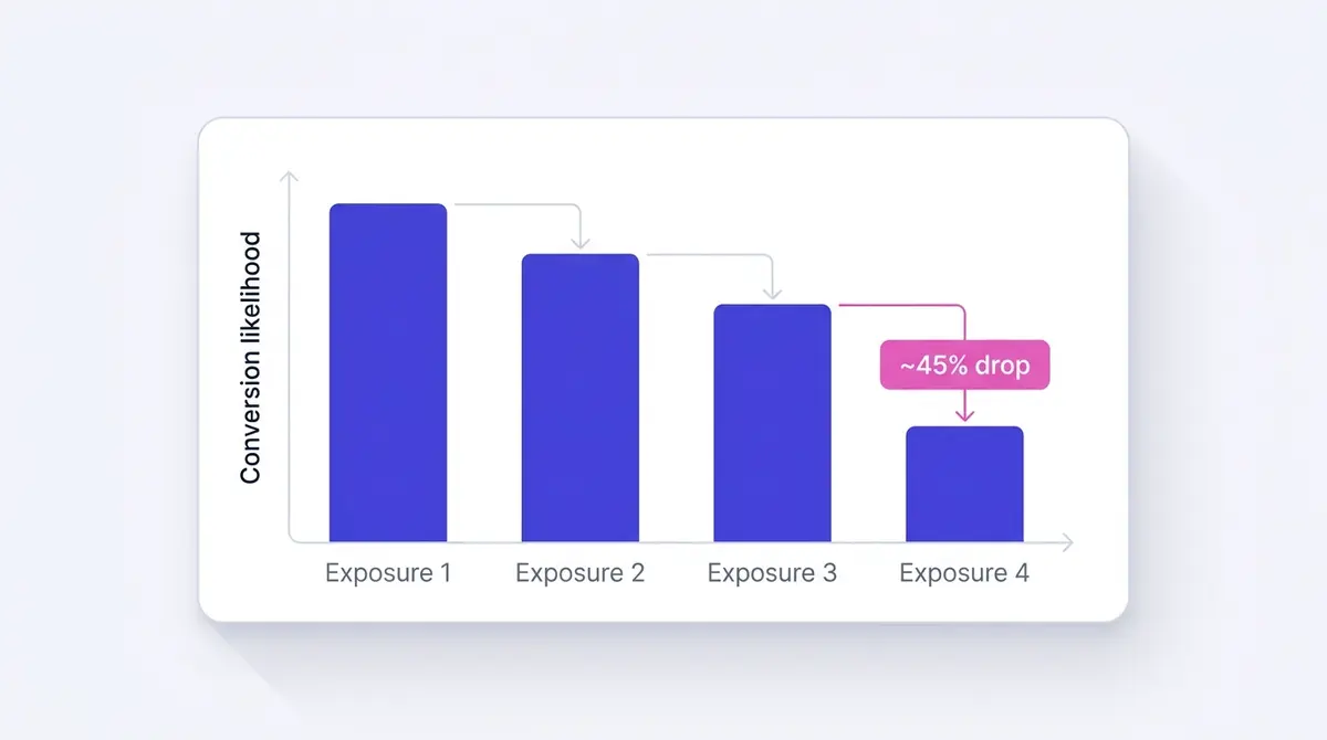 A bar chart showing conversion likelihood falling sharply across the first, second, third and fourth exposure to the same creative, illustrating roughly a forty-five percent drop by the fourth view.