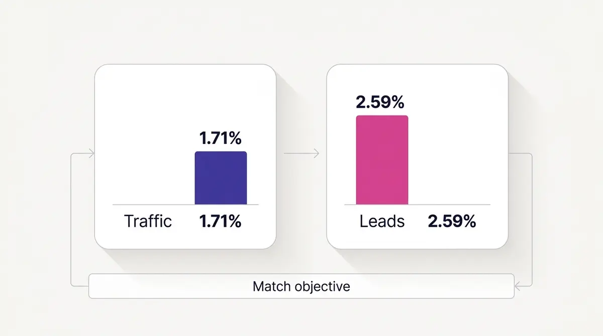 A side-by-side benchmark comparison showing Facebook traffic ad CTR at 1.71 percent next to lead ad CTR at 2.59 percent, with a note that the benchmark must match the campaign objective.