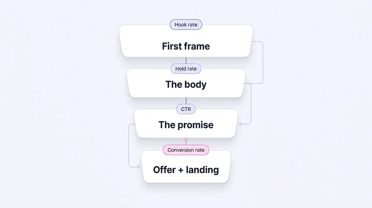 A vertical funnel diagram showing the four-metric Facebook ad scorecard with hook rate, hold rate, CTR and conversion rate stacked from top to bottom, each tagged with the element it diagnoses.
