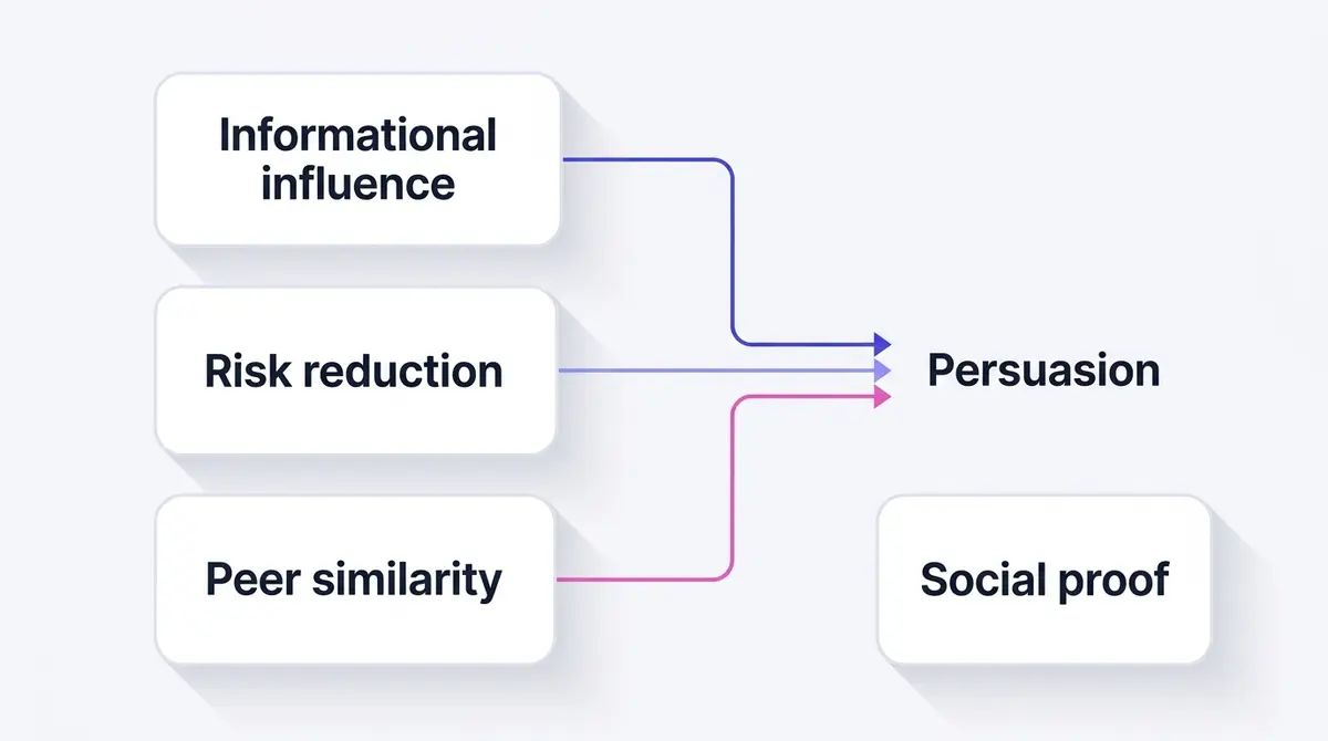 A diagram mapping the three psychological forces behind social proof, informational influence, risk reduction, and peer similarity, into the persuasion they create in an ad.