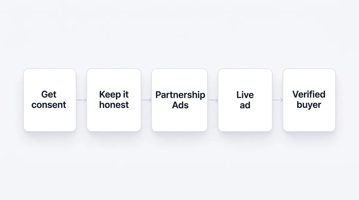 A diagram showing the ethical sourcing workflow for social proof ads, from getting written consent to running creator content through Partnership Ads while keeping honest reviews intact.
