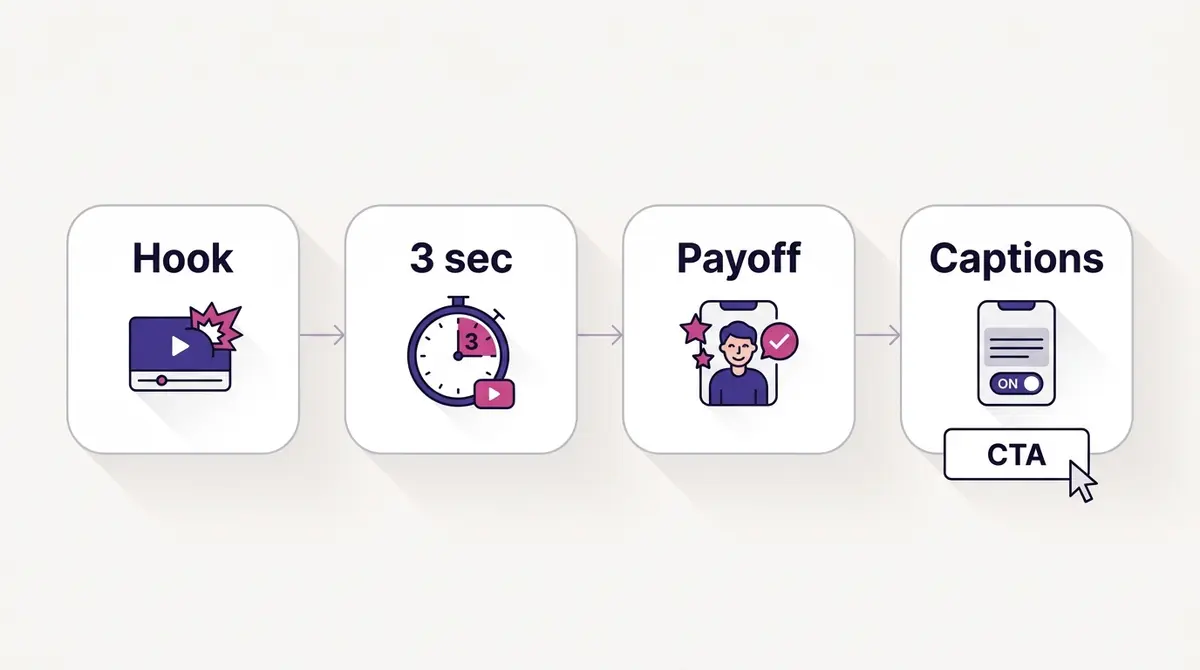 A four-beat video brief diagram showing a 3-second hook, a demo or transformation beat, captions for sound-off viewing, and a clear call to action.