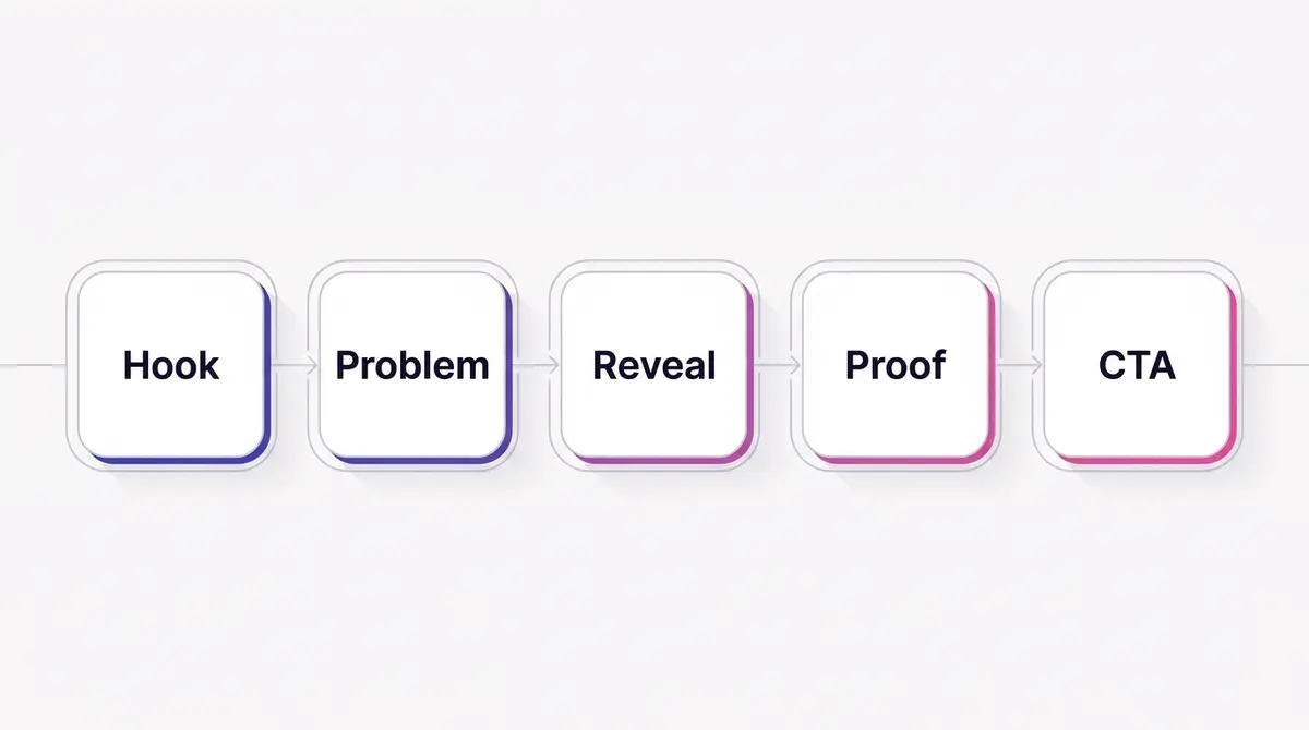 A horizontal timeline diagram showing the five beats of a UGC ad script with their timecodes from zero to thirty seconds.