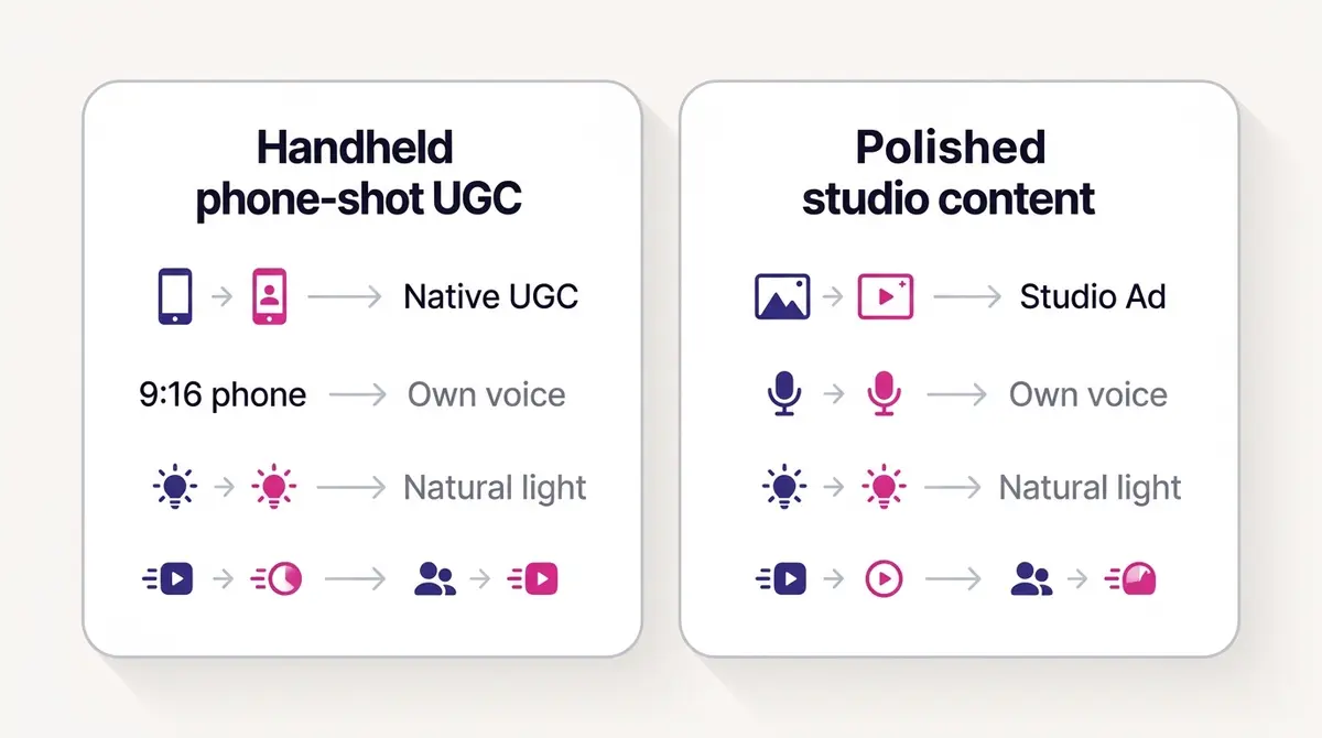 A side-by-side comparison card contrasting a native phone-shot UGC ad with a polished studio ad across format, voice, lighting, and pacing.