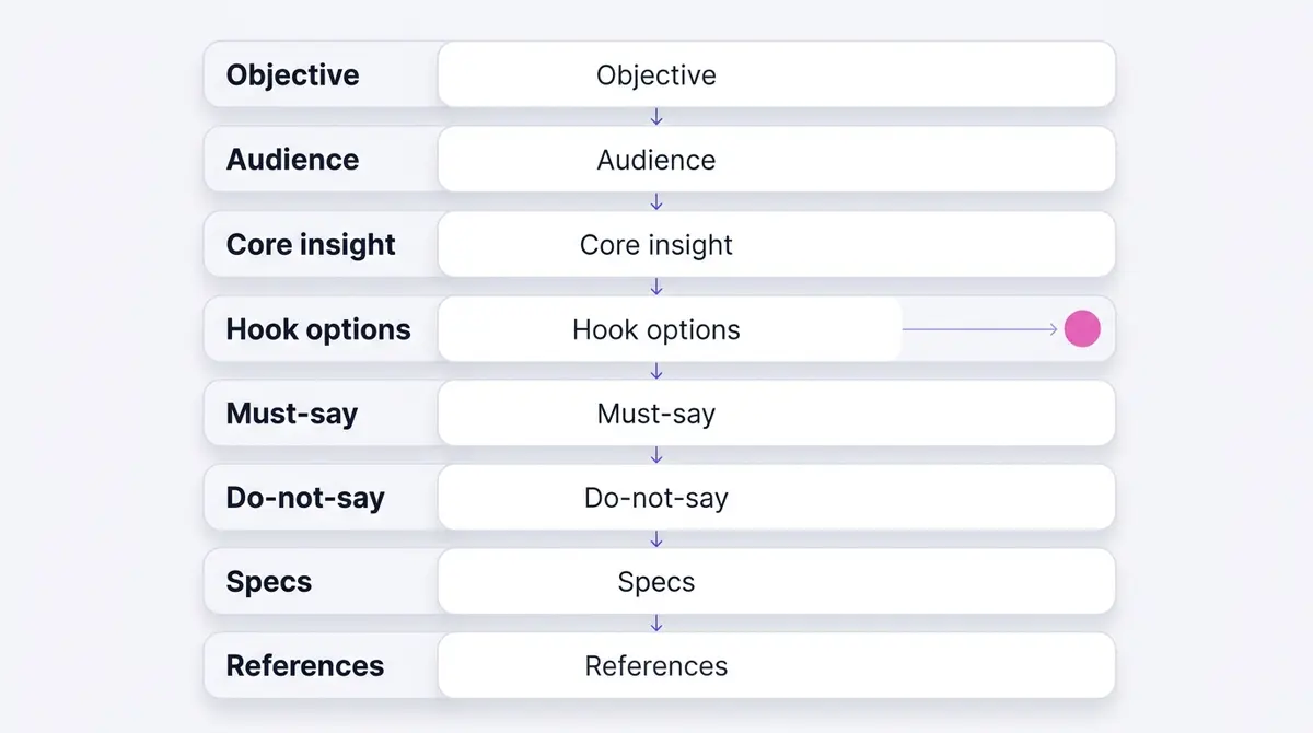 A clean vector diagram of a one-page UGC creative brief laid out as eight stacked rounded cards, each labelled with one brief field, on a light indigo and pink background.