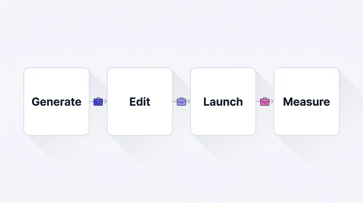 A horizontal four-stage flow diagram showing the UGC brief moving left to right through generate, edit, launch and measure, each stage a rounded white card with an arrow between, on a light indigo and pink background.